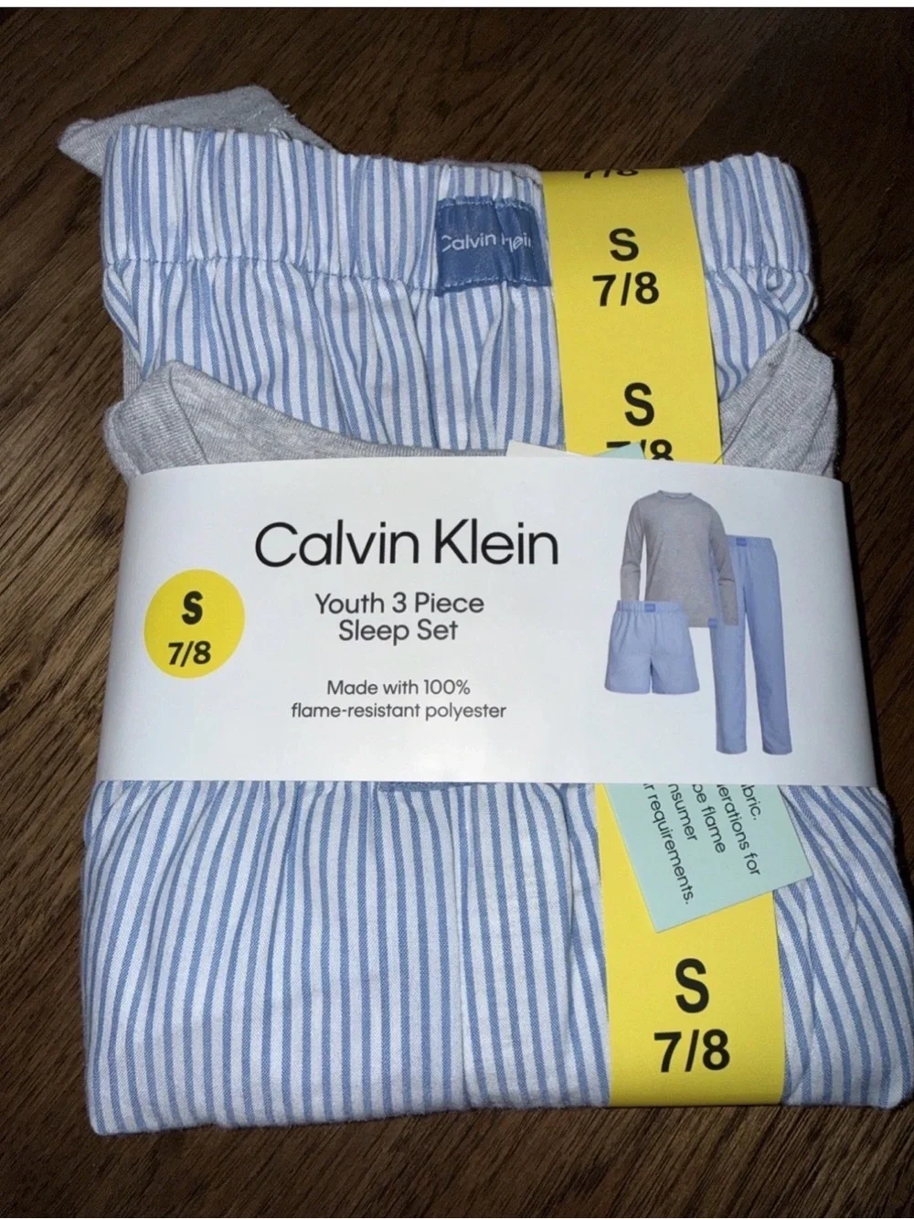 Calvin Klein NWT Size S 7/8  3 Piece Gray Top Light Blue Striped Pajama Set-001*